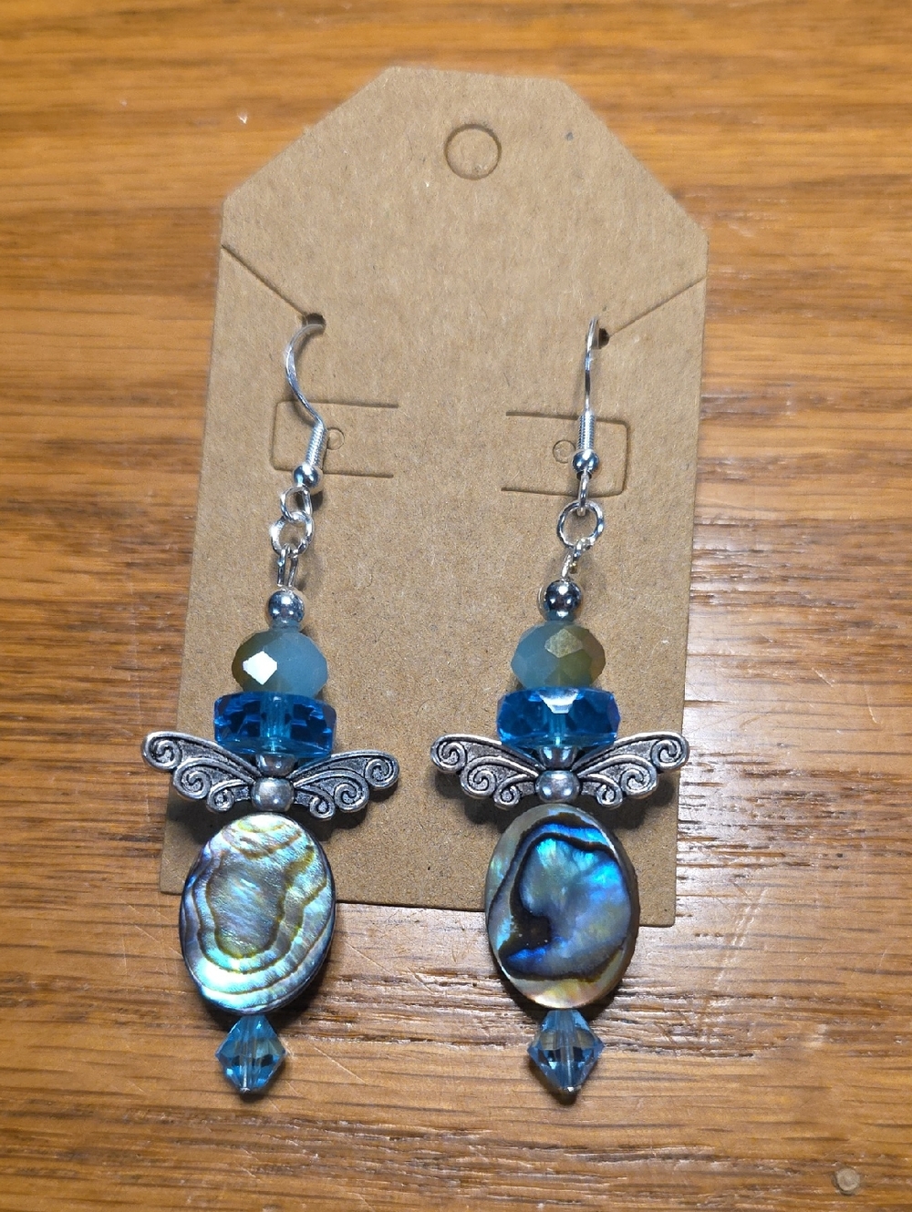 Handmade Blue Abalone Shell Dangle Earrings with Silver Accents .925 Posts
